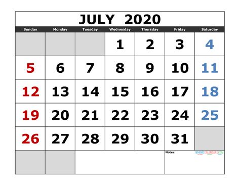 July 2020 Calendar.